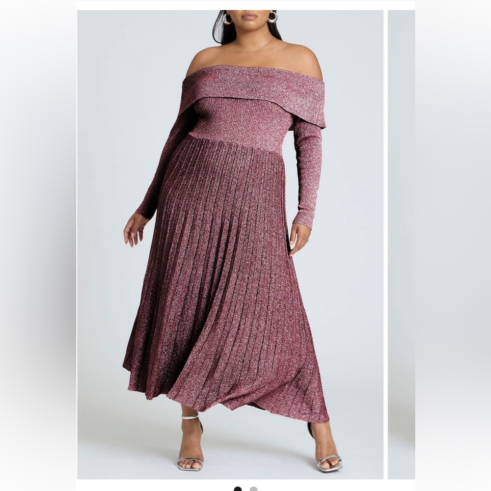 ELOQUII Metallic Pleated Off the Shoulder Long Sleeve Dress